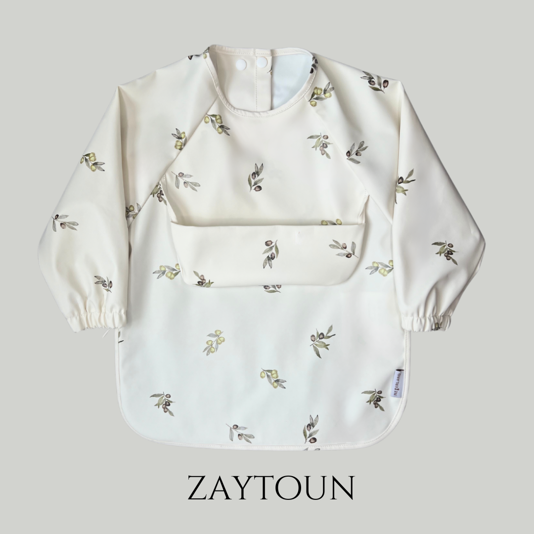 Classic High Pocket Long Sleeve Waterproof Bib – toddler feeding smock – activity smock – painting smock – craft apron – sensory play smock – BLW bib – daycare essential – ethically made – sustainably crafted from recycled polyester – made using approx. 8 recycled water bottles – eco-friendly Canadian baby brand – parenting hacks – first time mom must-have