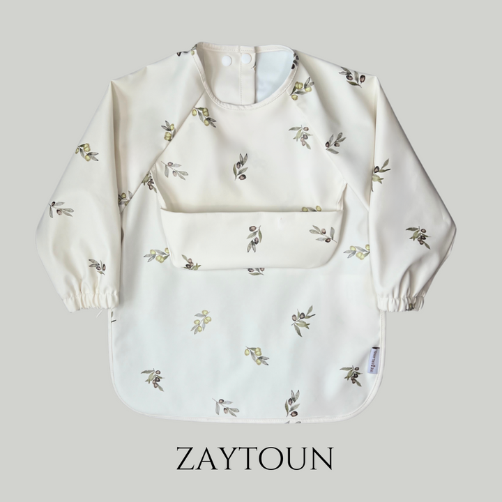 Classic High Pocket Long Sleeve Waterproof Bib – toddler feeding smock – activity smock – painting smock – craft apron – sensory play smock – BLW bib – daycare essential – ethically made – sustainably crafted from recycled polyester – made using approx. 8 recycled water bottles – eco-friendly Canadian baby brand – parenting hacks – first time mom must-have