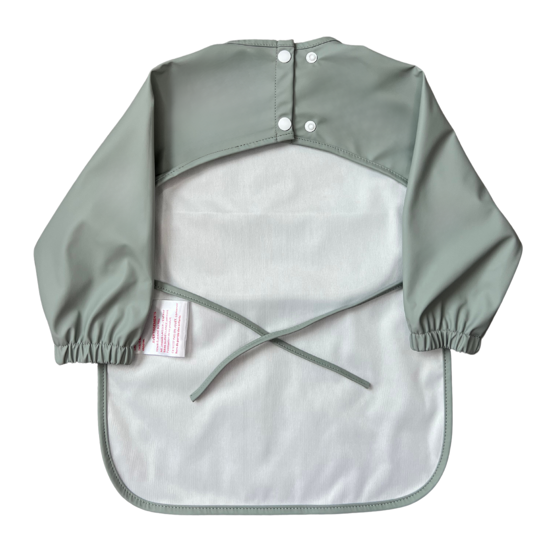 Classic High Pocket Long Sleeve Waterproof Bib – toddler feeding smock – activity smock – painting smock – craft apron – sensory play smock – BLW bib – daycare essential – ethically made – sustainably crafted from recycled polyester – made using approx. 8 recycled water bottles – eco-friendly Canadian baby brand – parenting hacks – first time mom must-have